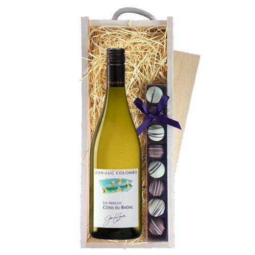 Jean-Luc Colombo Cotes Du Rhone Les Abeilles Blanc 75cl White Wine & Heart Truffles, Wooden Box